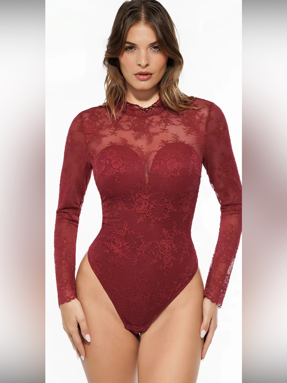 Long-Sleeve Burgundy Thong Bodysuit with Mesh Sweetheart